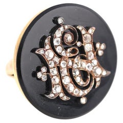 Victorian Diamonds E N Initials Onyx Ring, 1890