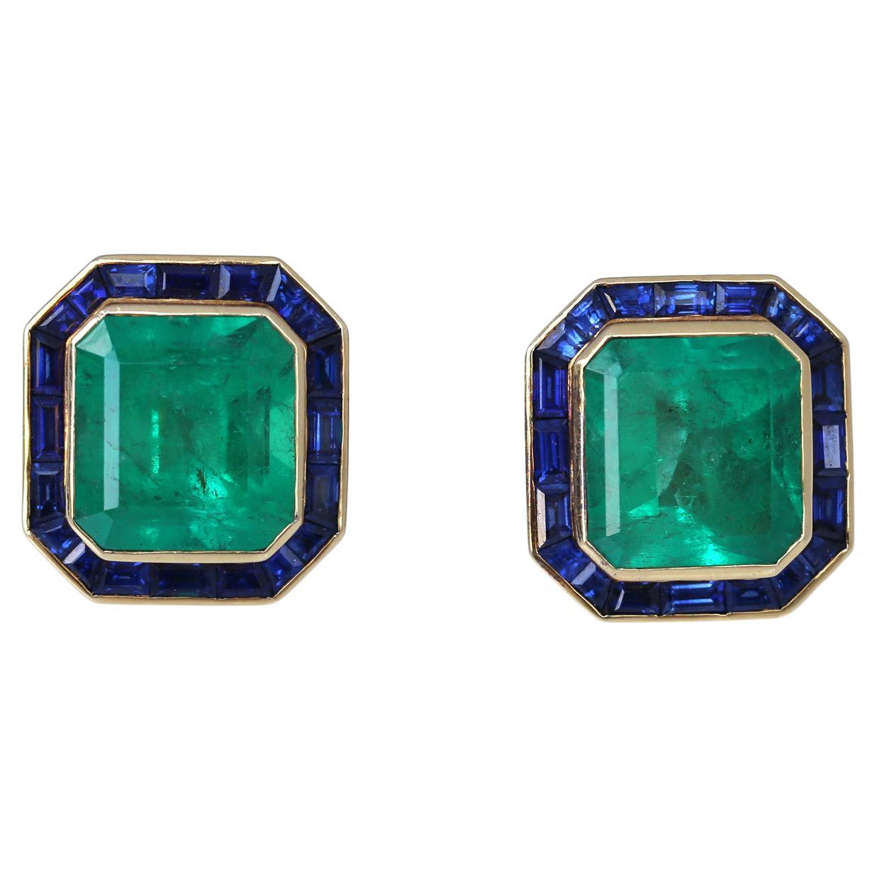 31 Carats Emerald Sapphire Earrings Yellow Gold Certified, 1975 In Good Condition For Sale In Herzelia, Tel Aviv