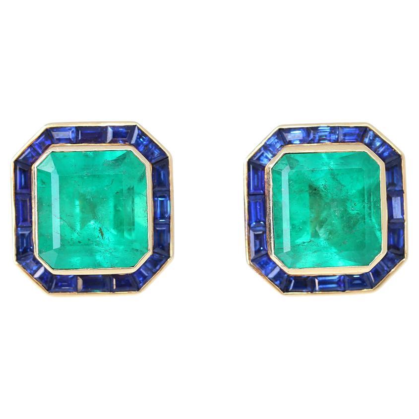 31 Carats Emerald Sapphire Earrings Yellow Gold Certified, 1975 For Sale