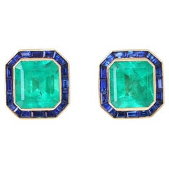 31 Carats Emerald Sapphire Earrings Yellow Gold Certified, 1975