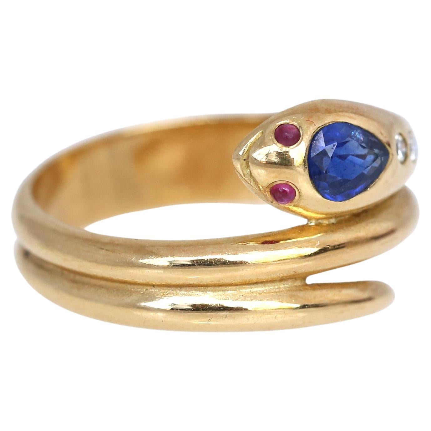 Edwardian Snake Ring 18K Yellow Gold Sapphire Ruby Diamonds, 1905