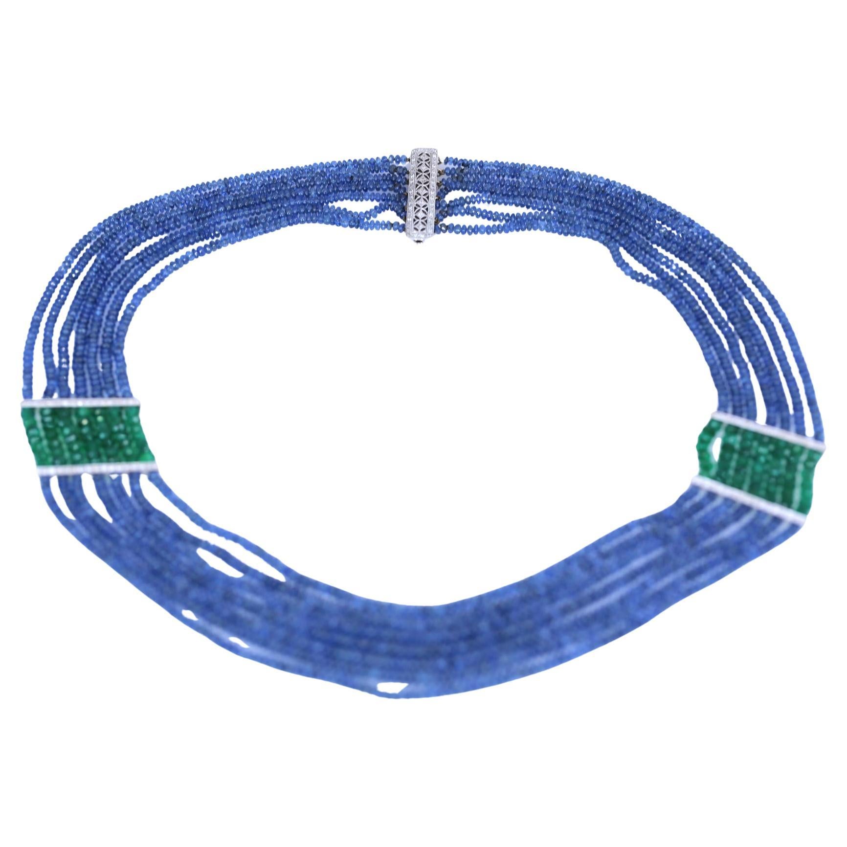 Sapphires' Diamonds Emeralds Necklace was created in the 1970es. 
Sapphire Diamonds Emerald Necklace. A multi-strand sapphire and emerald necklace. Comprising of 300 Carats of Sapphires beads and Green faceted Emeralds. A superb necklace that sits