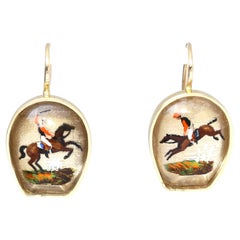 Antique 1900 Gold Essex Crystal Polo Horse Earrings, Horseshoe Design