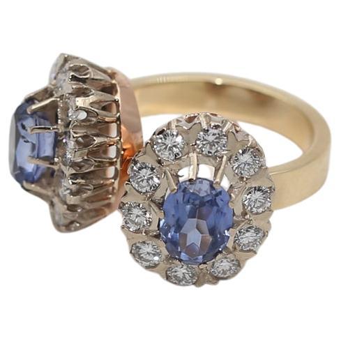 Women's or Men's 2.6 Ct Diamonds Sapphires Gold Twin Ring 14K Boxed, 1960