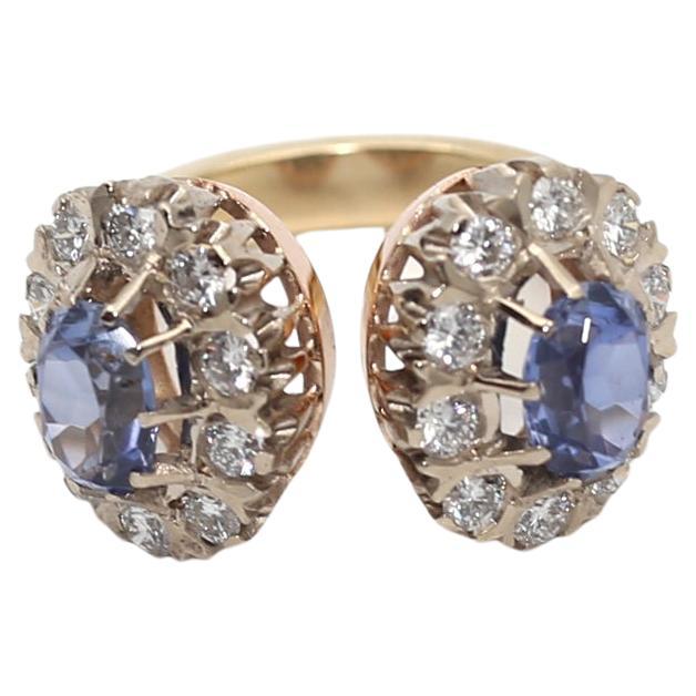 Oval Cut 2.6 Ct Diamonds Sapphires Gold Twin Ring 14K Boxed, 1960