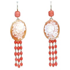 Antique 1930s Carved Pink Flower Cameo Dangle Earrings, 64mm Long