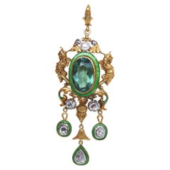 Jugendstil-Anhänger mit Turmalin, Emaille und Diamanten aus Gelbgold, 1890