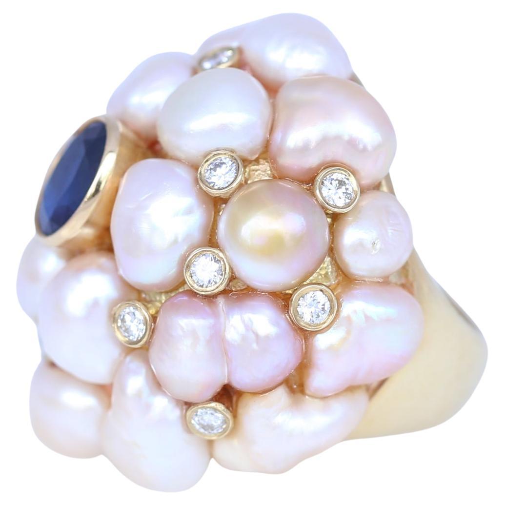 Modern Sapphire Pearls Diamonds Yellow Gold Dome Ring, 1970 For Sale