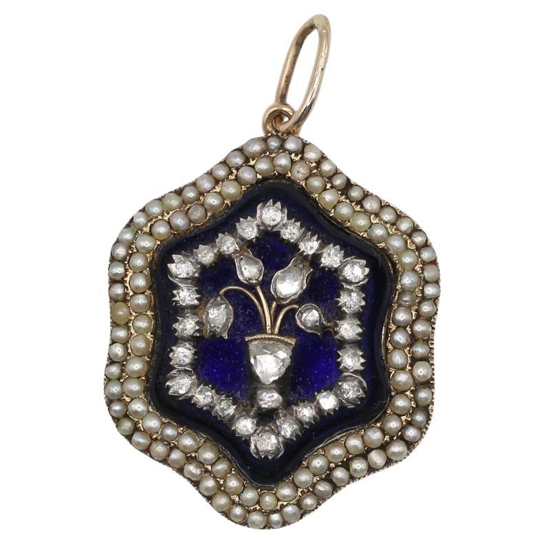Georgian Bristol Blue Glass Diamonds Pendant 18K, 1910