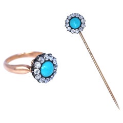 Antique 14K Gold Diamond Turquoise Ring Brooch Transformer Boxed, 1890