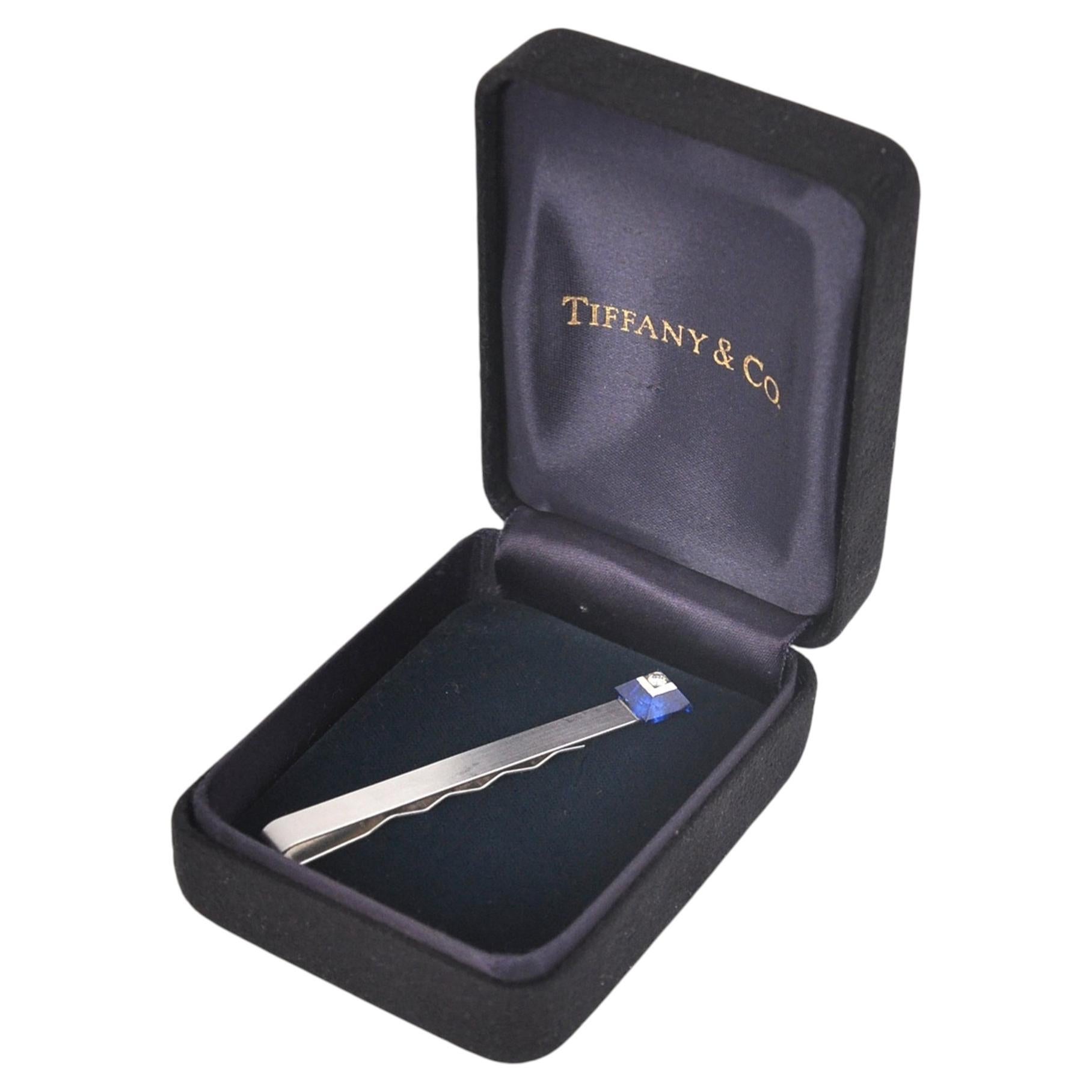 Tiffany & Co Platinum Sapphire Diamond Tie Clip Signed Boxed, 1970