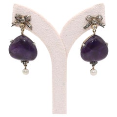 Antique Russian Amethyst Natural Pearl Drop Earrings, Circa 1900