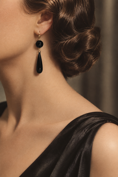 Art Deco Black Onyx 14K Yellow Gold Drop Earrings, 1930
