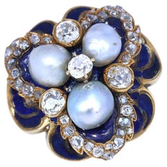 Diamond Blue Enamel Natural Pearls  Gold Ring, 1930