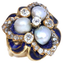 Diamond Blue Enamel Natural Pearls  Gold Ring, 1930