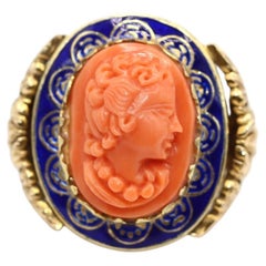 Antique Pink Cameo and Blue Enamel Gold Ring, Great Britain, 1900