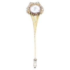 Art Nouveau Peacock Natural Pearl Yellow Gold Diamond Brooch, 1930