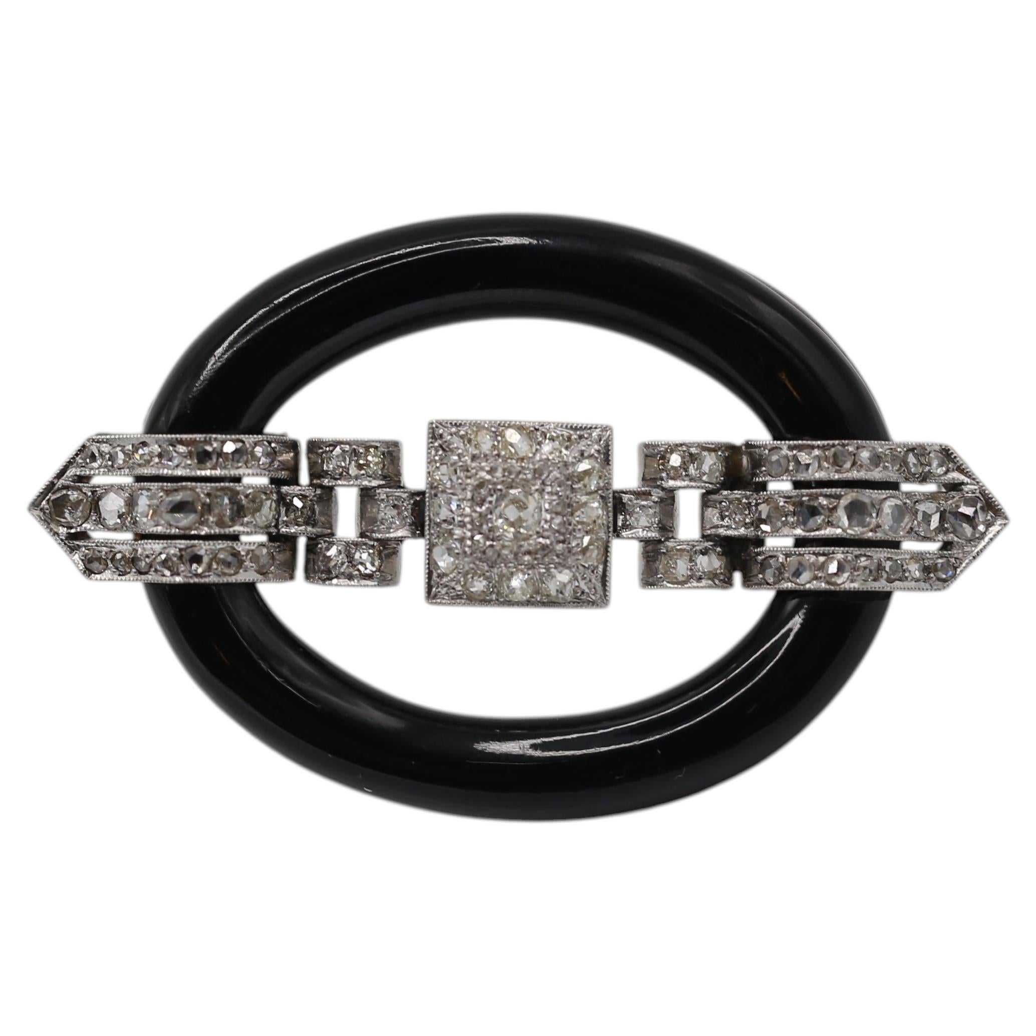Art Deco Massive Platinum Gold Brooch with Onyx and Diamonds, 1910
