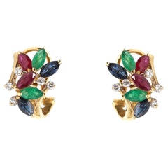 Flowers 18K Gold Earrings Diamonds Emeralds Sapphires Natural Motive, 2000
