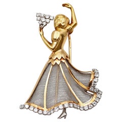 Vintage 18K Yellow Gold and Diamond Flamenco Dancer Brooch Boxed, Circa 1940