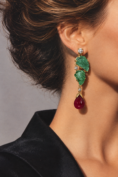 Carved Emerald, Ruby and Diamond Pendant Earrings in 18K Yellow Gold, circa 1990