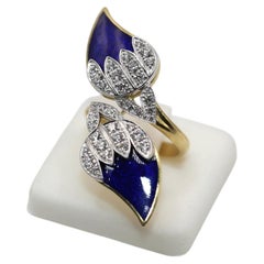 Royal Blue Enamel 1 Ct Diamond Cocktail Ring in 18K Yellow & White Gold, 1935