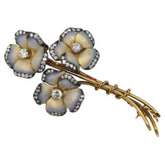 Art Deco Enamel Diamond Flower Brooch, 1920s Gold Floral Design
