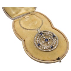 Broche-pendentif viennoise ancienne en saphir et diamants, avec écrin, vers 1880