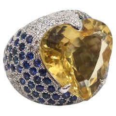 Massive 18K White Gold 28 Carats Citrine Heart Ring with Sapphire & Diamond Pavé