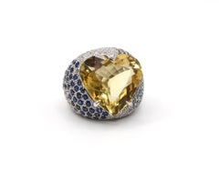 Massive 18K White Gold 28 Carats Citrine Heart Ring with Sapphire & Diamond Pavé