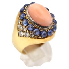 Bague vintage des années 1970 avec saphir rose en cabochon et diamants, 14,60 g