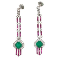 Art Deco 18K White Gold 4.1 Ct Emerald, Ruby and Diamond Drop Earrings, 1920