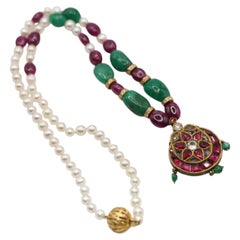 Antique Indian Mughal Gold Necklace Enamel, Diamonds, Emeralds, Rubies, Pearls