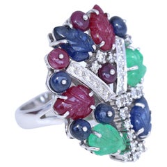 Tutti Frutti Cocktail Ring Emeralds Sapphires Rubies Diamonds 5.5 Carat, 1980