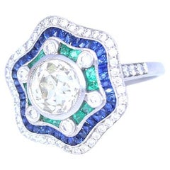 2.49 Carat Diamond Platinum Emeralds Sapphires Ring Certified, 1920