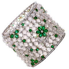 Magnificent Moonstone Emerald Diamond Two Color Gold Cuff Bracelet
