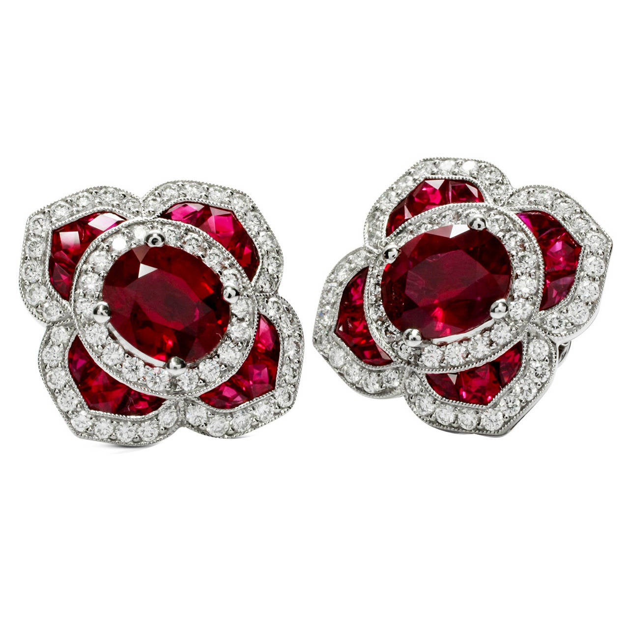 Ruby Diamond Platinum Stud Earrings For Sale