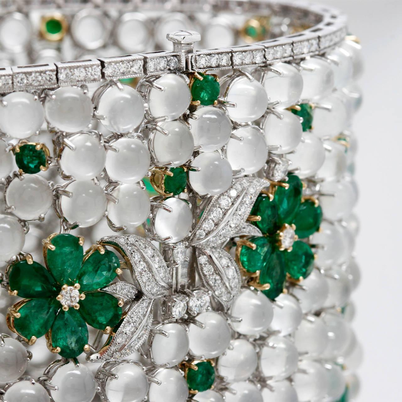Women's Magnificent Moonstone Emerald Diamond Two Color Gold Cuff Bracelet For Sale