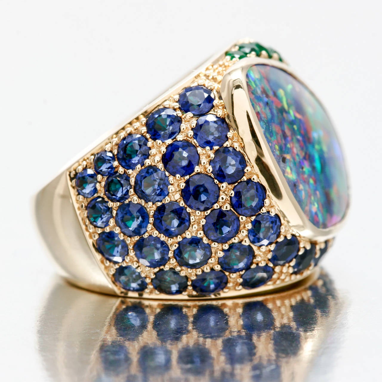 Spectacular Boulder Opal Emerald Sapphire Gold Cocktail Ring In New Condition For Sale In Louisville, KY