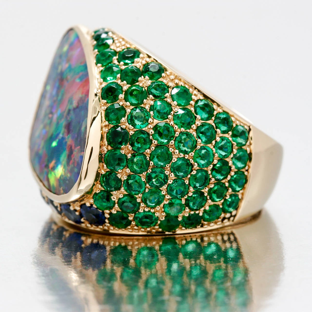 Women's Spectacular Boulder Opal Emerald Sapphire Gold Cocktail Ring For Sale