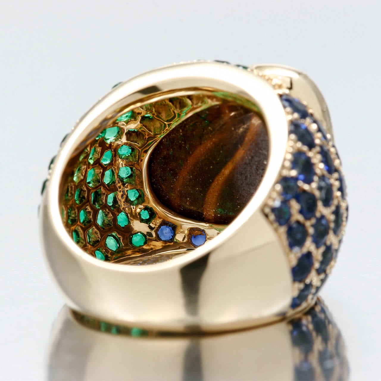 Spectacular Boulder Opal Emerald Sapphire Gold Cocktail Ring For Sale 1