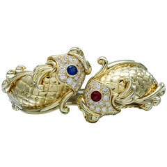 Ruby Sapphire Diamond Gold Chunky Koi Bangle Bracelet