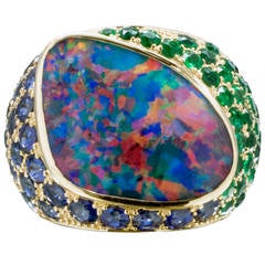 Spectacular Boulder Opal Emerald Sapphire Gold Cocktail Ring