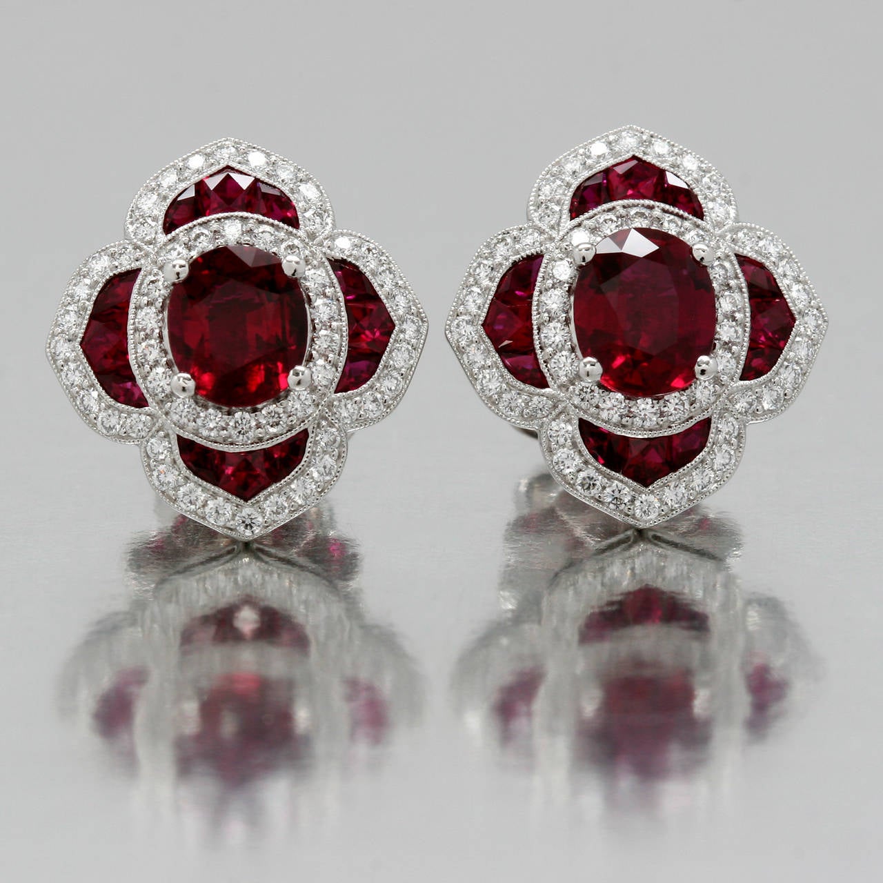 Women's Ruby Diamond Platinum Stud Earrings For Sale