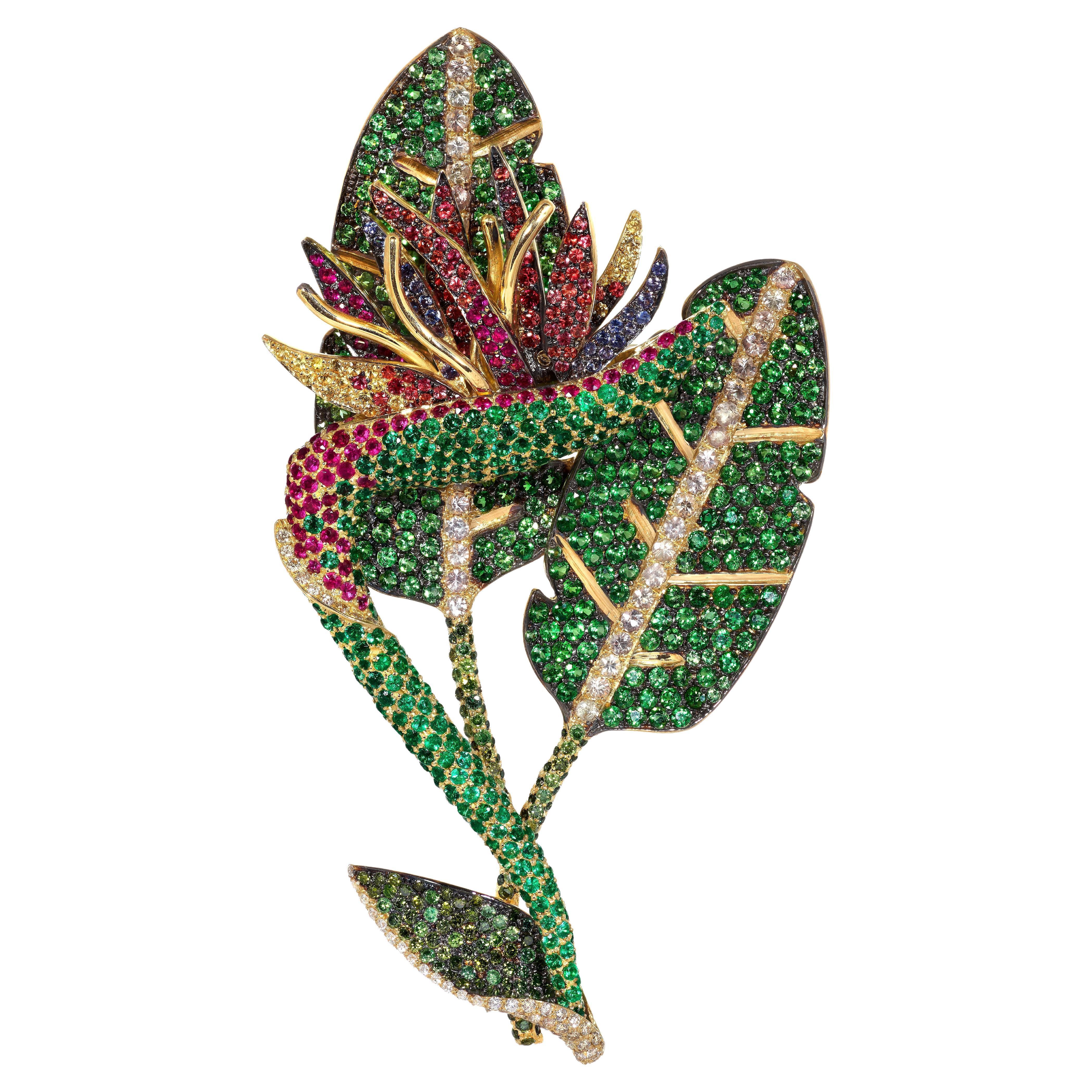 Rosior One-off "Strelicia" Yellow Gold Brooch set with multicolor gemstones For Sale