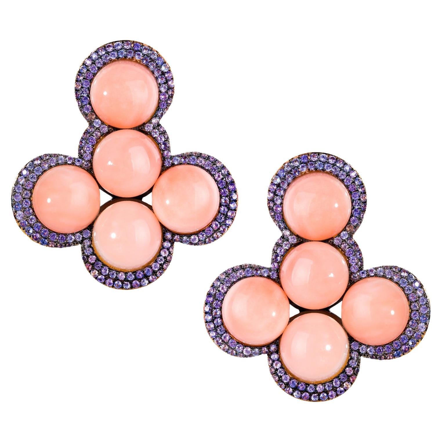 Rosior one-off "Angel Skin” Coral and Pink Sapphire Drop Earrings in Yellow Gold