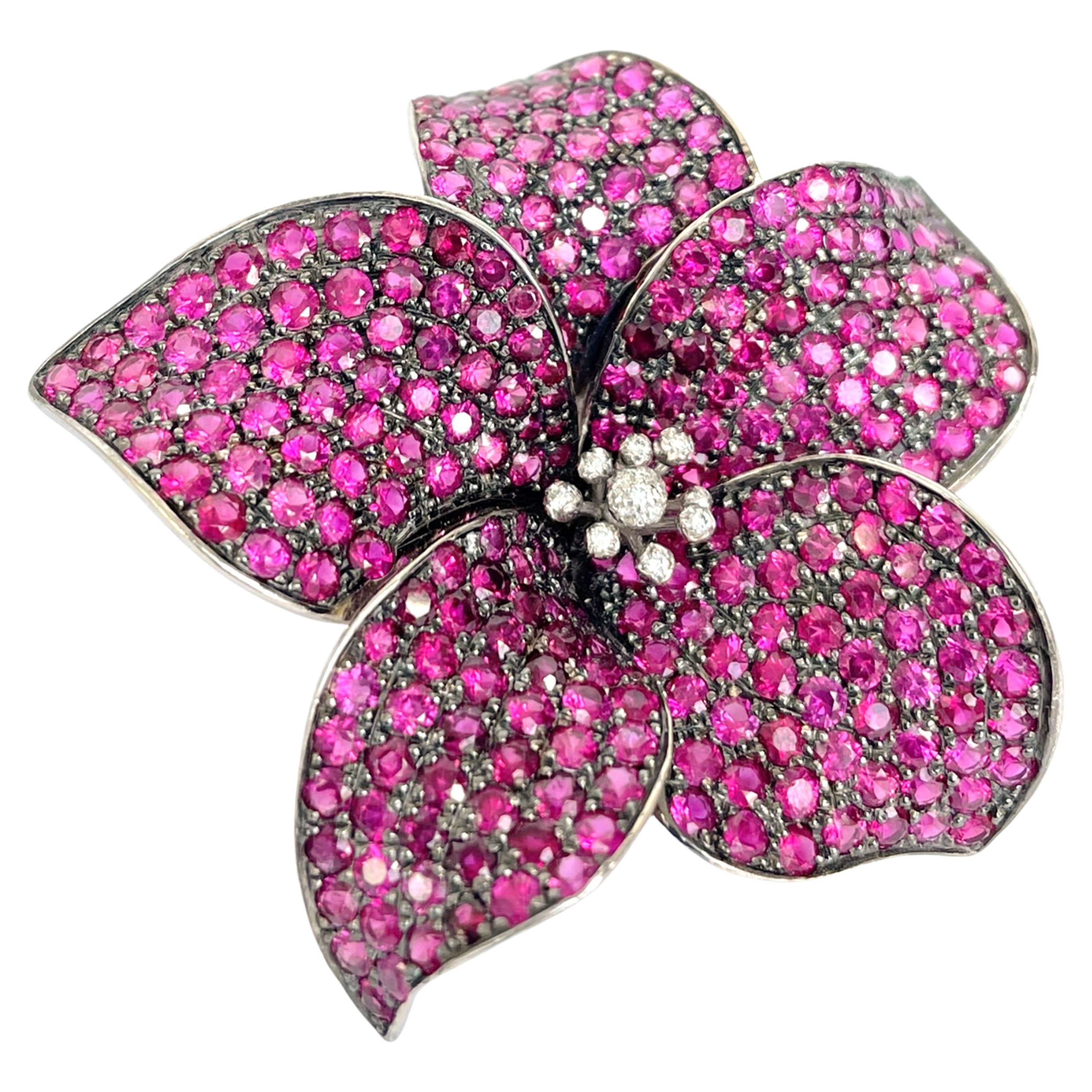 Rosior one-off Ruby and Diamond "Flower" Brooch set in White Gold For Sale