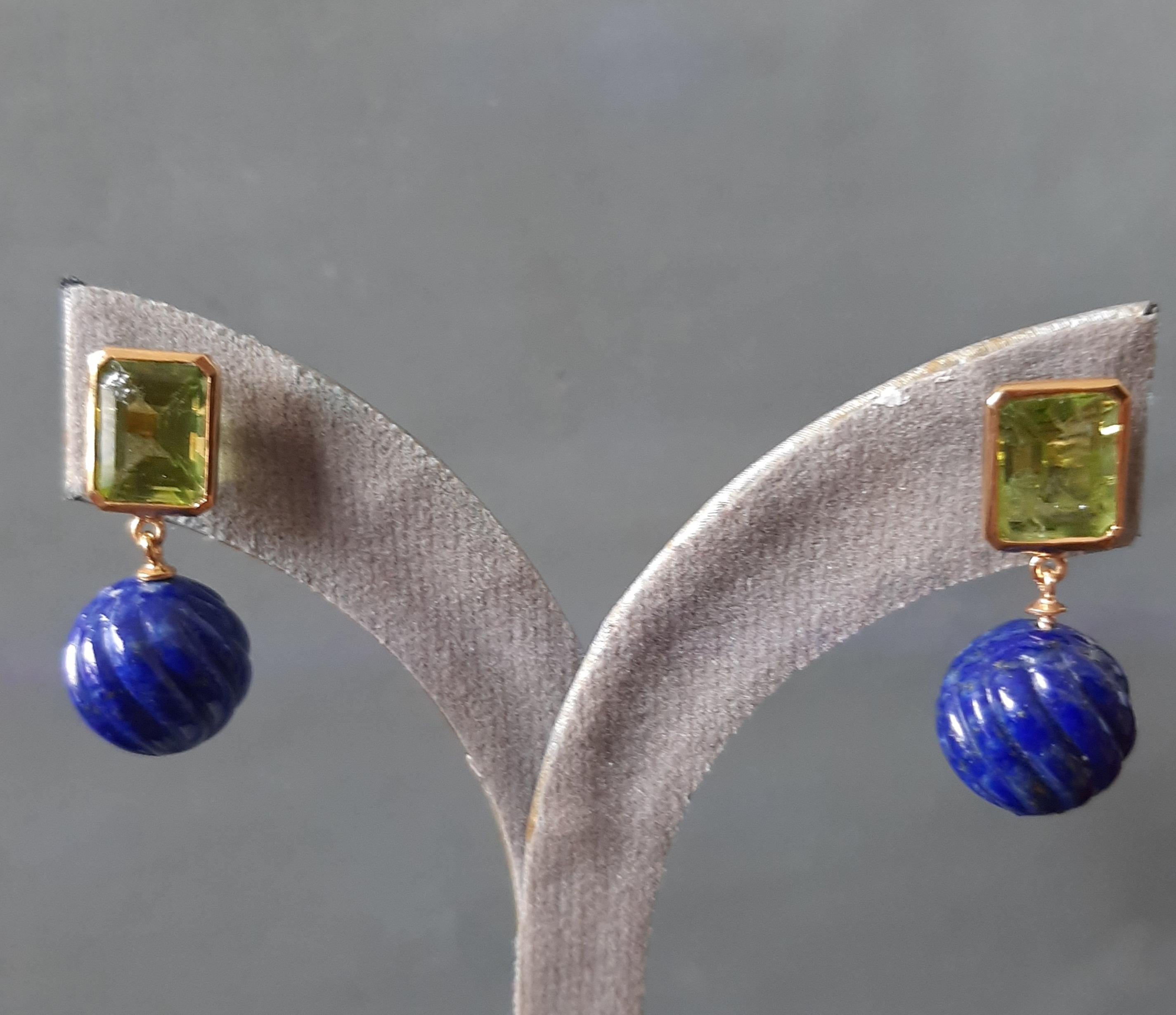Mixed Cut Peridot Faceted Octagon Shape Carved Lapis Lazuli  Beads 14k Solid Yellow Gold For Sale