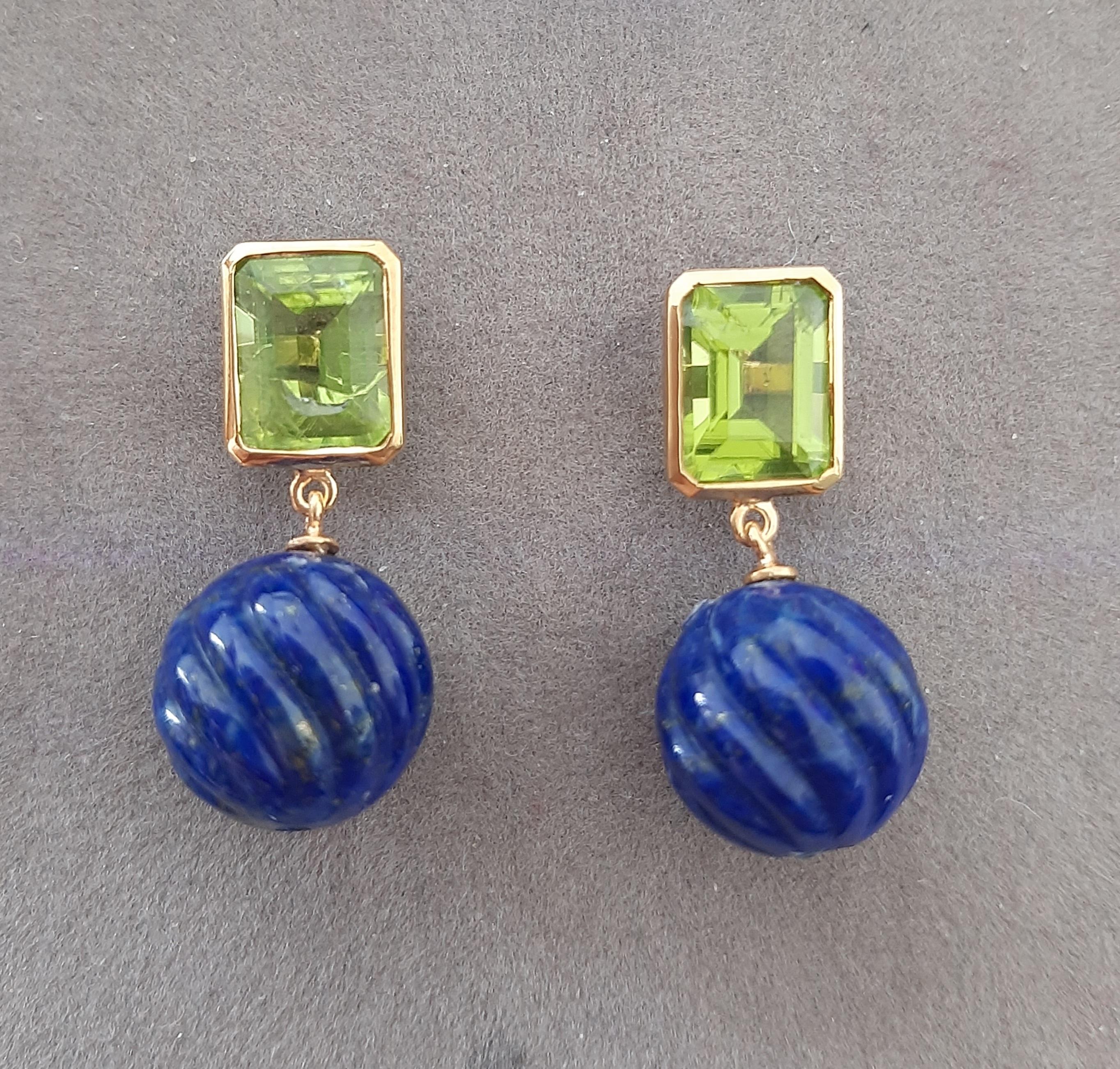 Peridot Faceted Octagon Shape Carved Lapis Lazuli  Beads 14k Solid Yellow Gold For Sale 8