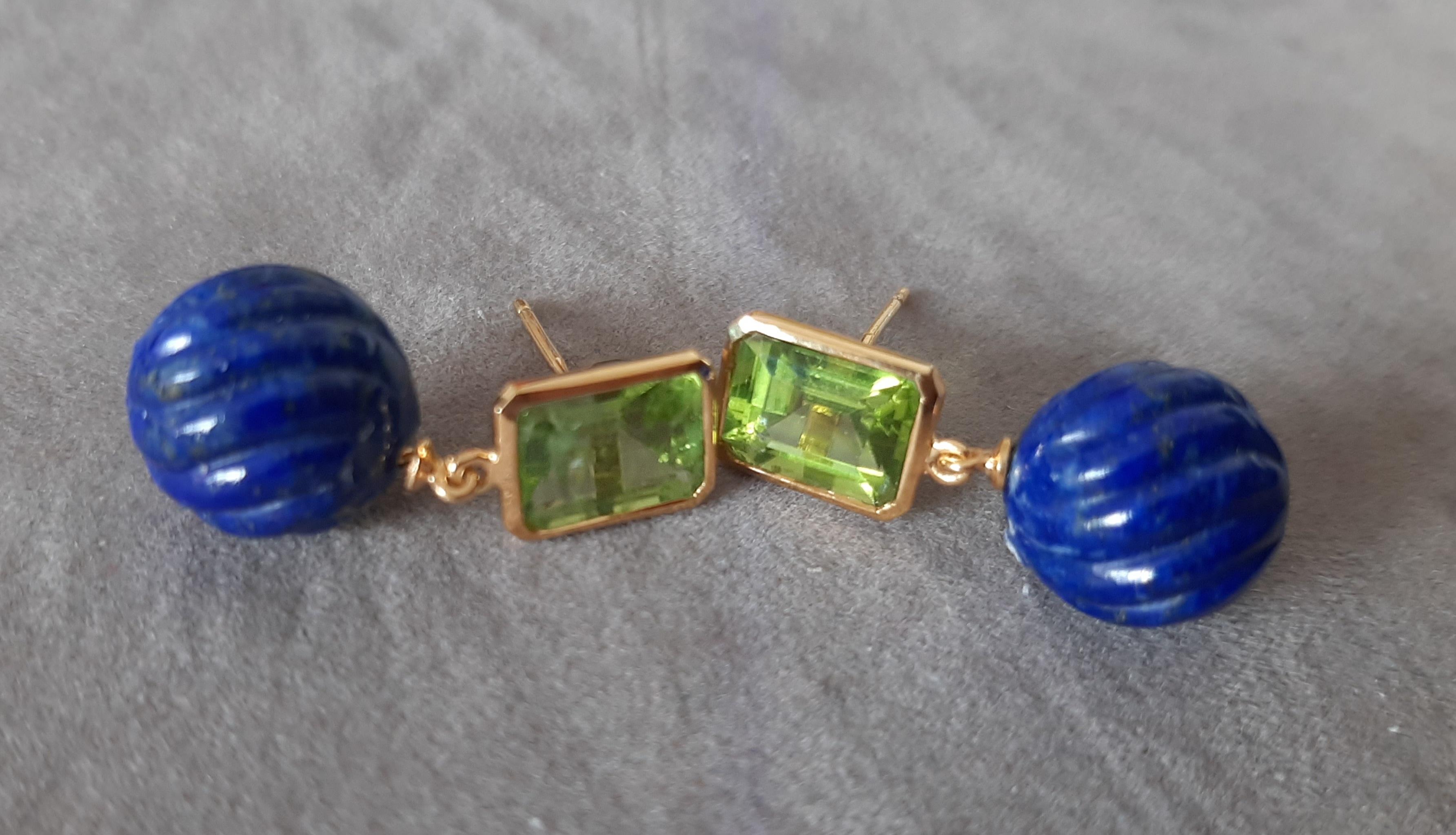 Peridot Faceted Octagon Shape Carved Lapis Lazuli  Beads 14k Solid Yellow Gold For Sale 3